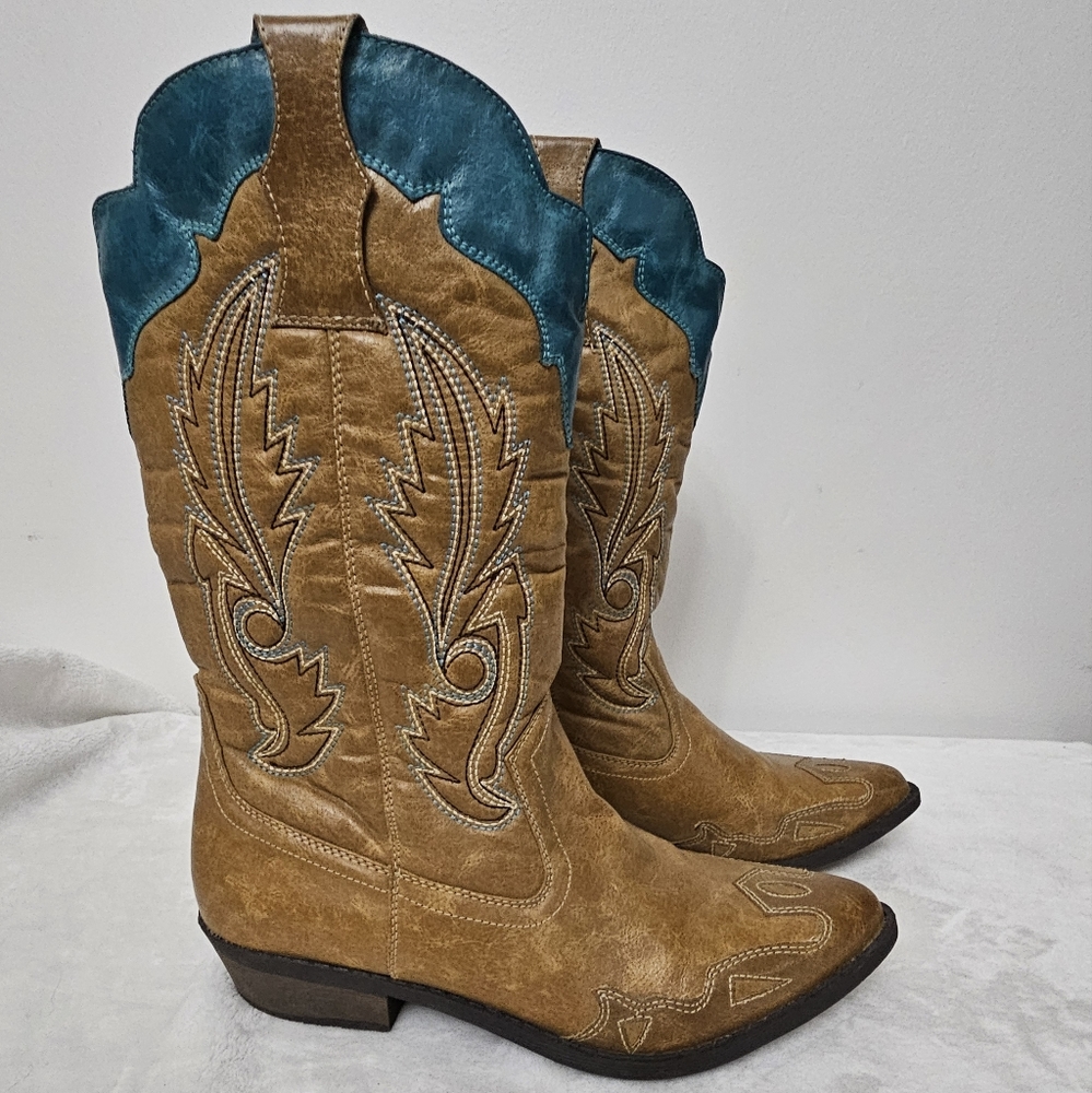Coconuts by Matisse Cimmaron Teal Tan Color Boho Western Cowgirl Boots - Picture 15 of 16